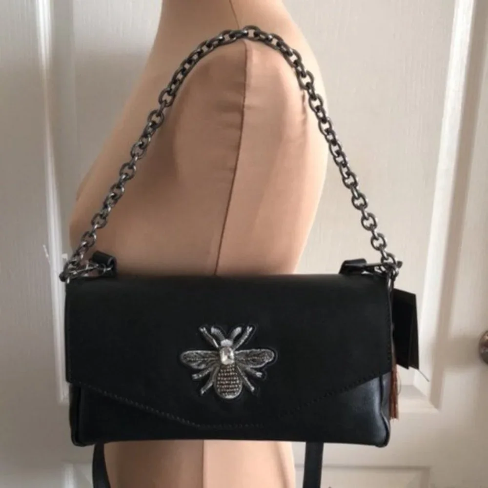 House of Harlow 1960 Gen Leather Crossbody Handbag Black Italy Bee Accent